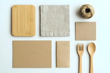 Minimalist Sustainable Living Concept with Wooden Spoons and Kraft Paper Packaging, Eco-Friendly Gift Wrapping, copy space area