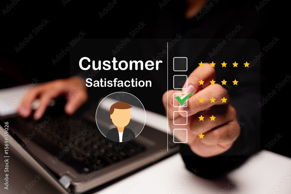 Poster a hand marks a five-star customer satisfaction rating on a transparent digital interface above a lap
