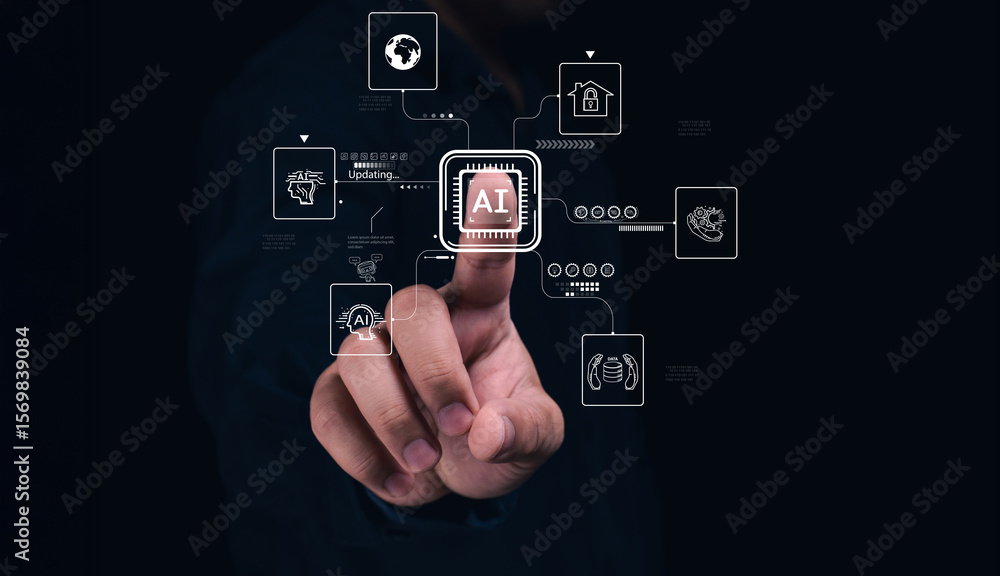 Poster a hand interacts with a futuristic digital interface highlighting ai and connected technology icons 