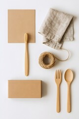 Minimalist Sustainable Living Concept with Wooden Spoons and Kraft Paper Packaging, Eco-Friendly Gift Wrapping, copy space area