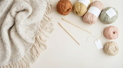 Craft Supplies for Handmade Knitting Projects with Soft Colored Yarn on White Background, Flat Lay of Yarn Balls, Knitting Needles, and Wool Fabric in Earth Tone Colors