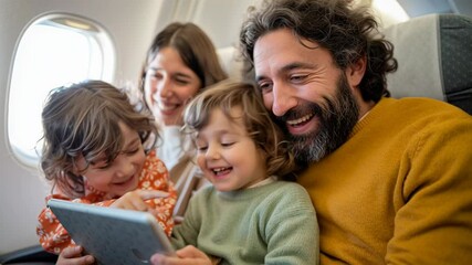 Happy family enjoying tablet entertainment during airplane journey
