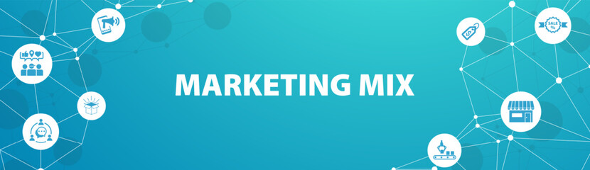 Marketing mix banner web icon for business and marketing, price, place, promotion, product, people and physical environment. Minimal vector infographic.