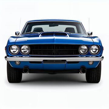 Captivating view of a lustrous blue vintage muscle car front grill and headlight on white background