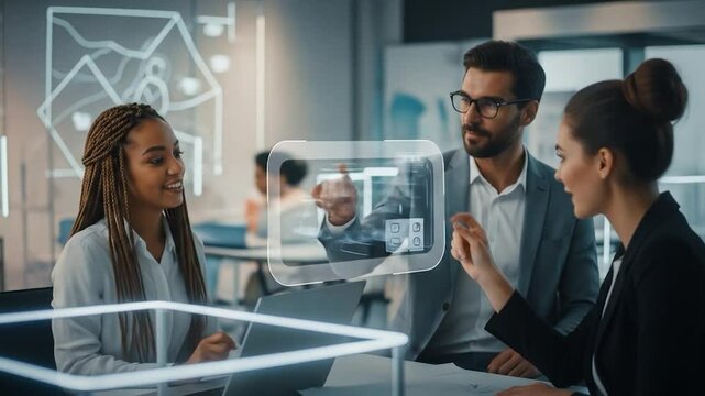 Futuristic Tech Team Collaboration: Interactive Interface, Innovation, and Success - Powered by Adobe