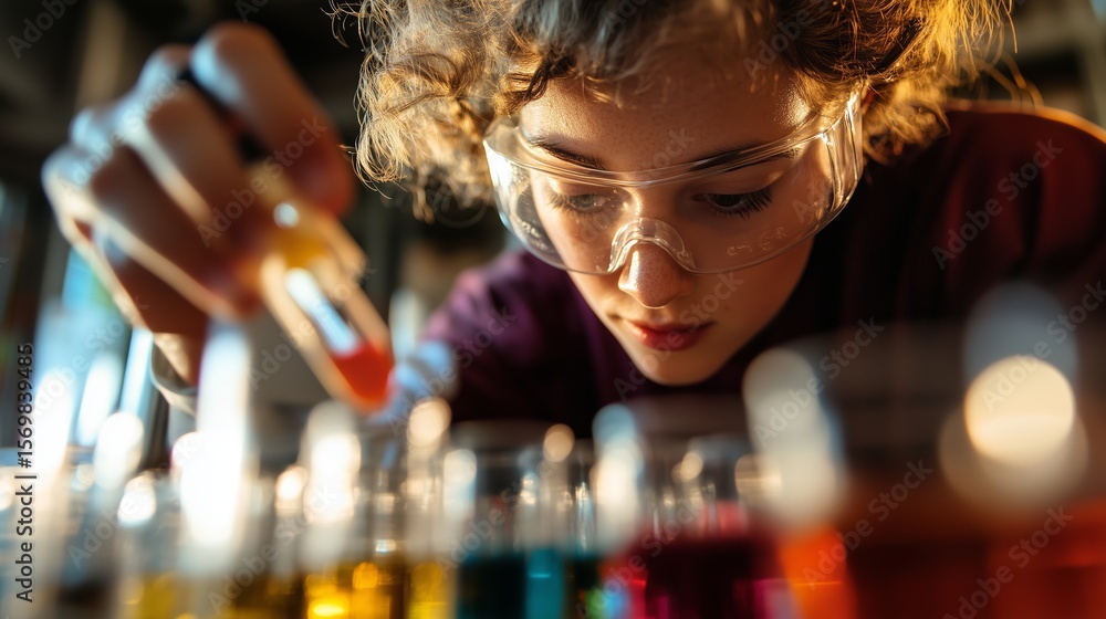 Poster young scientist conducting an experiment with colored liquids at a laboratory during an evening sess