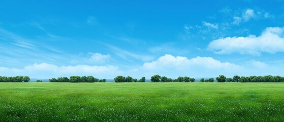 The expansive green field under a bright blue sky with fluffy clouds.