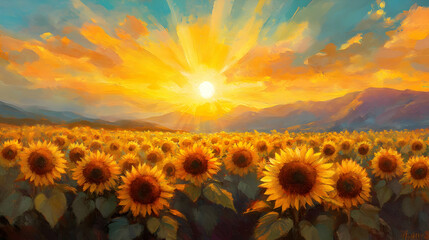 Fototapeta premium Vibrant sunflowers at sunset with radiant sky and mountains