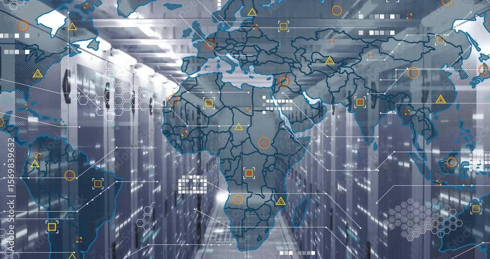 Poster server corridor revealing map overlay border lines forming and icons linking for network monitoring