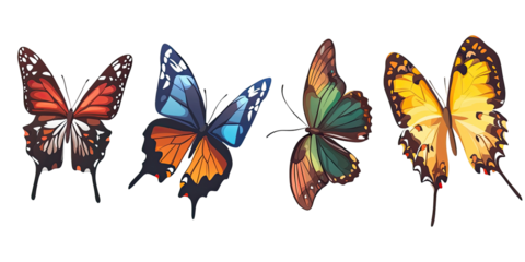 Four colorful butterflies in flight