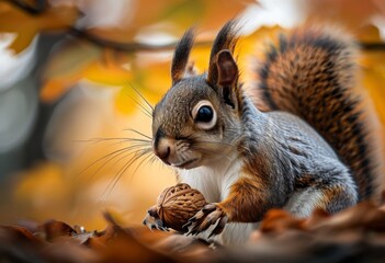Obraz premium Ein Eichhörnchen sitzt zwischen bunten Herbstblättern und hält Nahrung in den Pfoten, mit unscharfem Waldhintergrund. Generative KI
