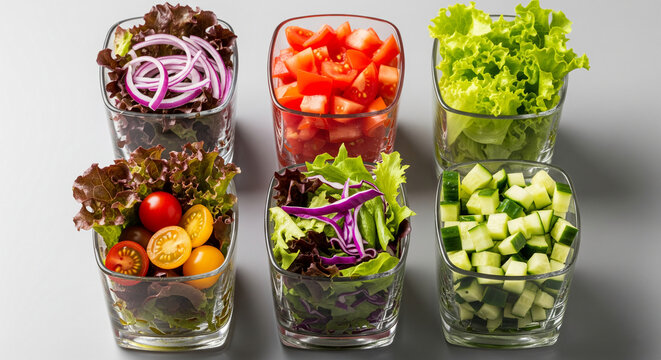 Six glasses hold various chopped vegetables: red onion, tomato, lettuce, cherry tomato, red cabbage, and cucumber.  Showcase of fresh salad ingredients, ideal for healthy eating or recipe concepts
