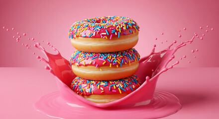 Three pink donuts with sprinkles, nestled in a pink glaze splash. A vibrant, sweet image representing indulgence and deliciousness
