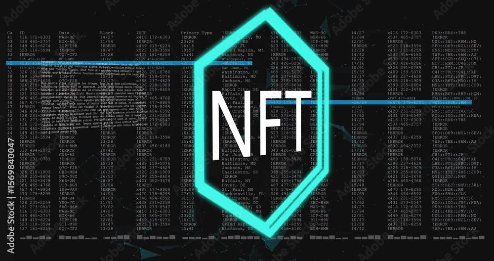 Poster opening turquoise lines tracing path forming neonblue nft hexagon, code scrolling and scan gliding