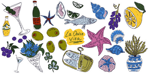 A whimsical set of hand-drawn sketches with splashes of color, Dolce Vita is inspired by the Mediterranean lifestyle. Includes food, drinks, flowers, summer decor and travel items. © Naya Chu