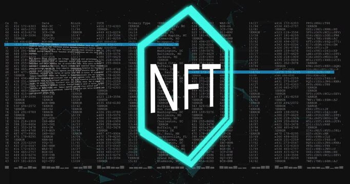 Opening turquoise lines tracing path forming neonblue NFT hexagon, code scrolling and scan gliding - Powered by Adobe