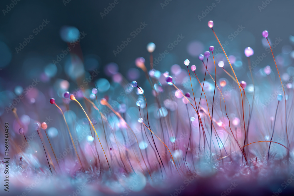 Poster colorful microflora emerge from a soft surface, showcasing their elegant structures in a captivating