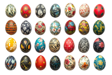Colorful decorated eggs in a grid pattern