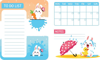 Obraz premium Cute bunny to do list and calendar printable template for kids weekly planner and organizer stationery design