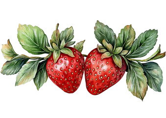 Watercolor Strawberry Branch, Isolated on Transparent PNG, Fresh, Vibrant, Summer Design