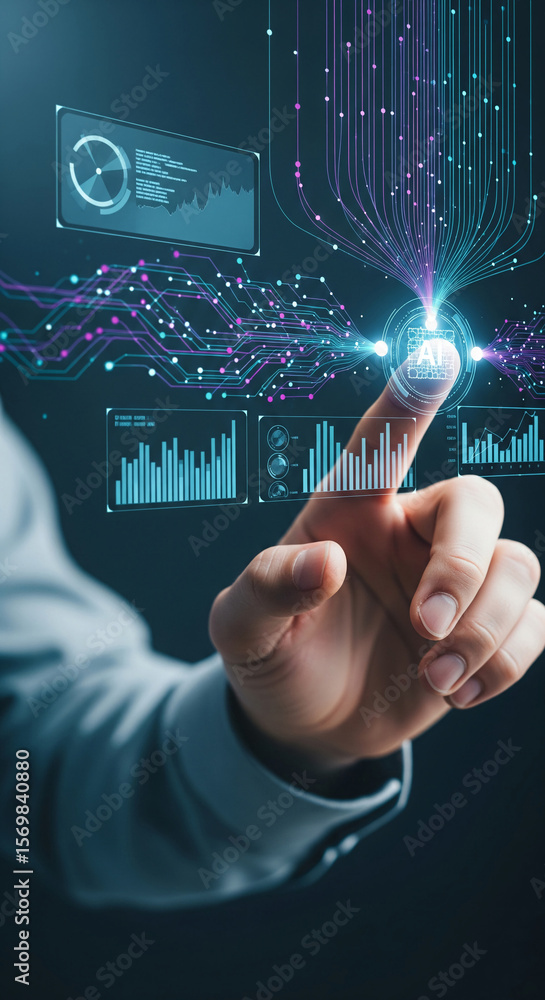 Poster hand interacts with futuristic interface, showcasing ai data analysis, charts, and graphs, symbolizi