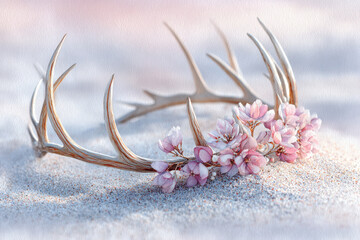 Antler crown decorated with soft pink flowers lies on sandy surface during sunset, creating a peaceful atmosphere