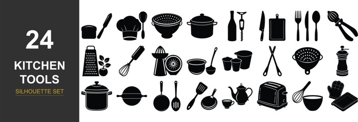 Collection of kitchen utensils and cooking tools silhouette