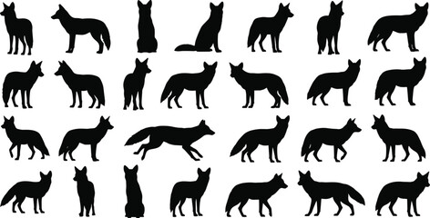 Fox silhouette vector collection, wild animal shapes, black fox poses set, isolated wildlife design elements, nature clipart, graphic fox art for design
