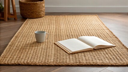 Cozy reading nook with a woven rug open book and mug on wooden floor