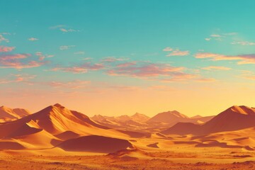 Naklejka premium A minimalist desert sunset landscape with a distant silhouette of mountains under a clear blue sky.