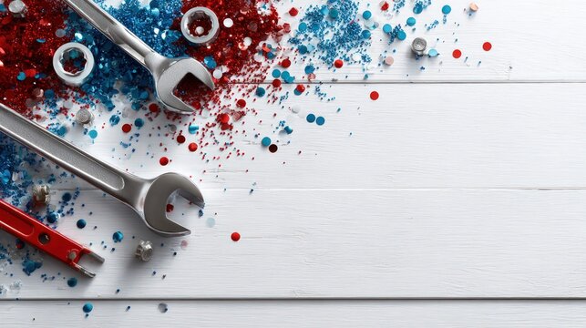 Wrench tools and patriotic confetti on a white wooden surface.
