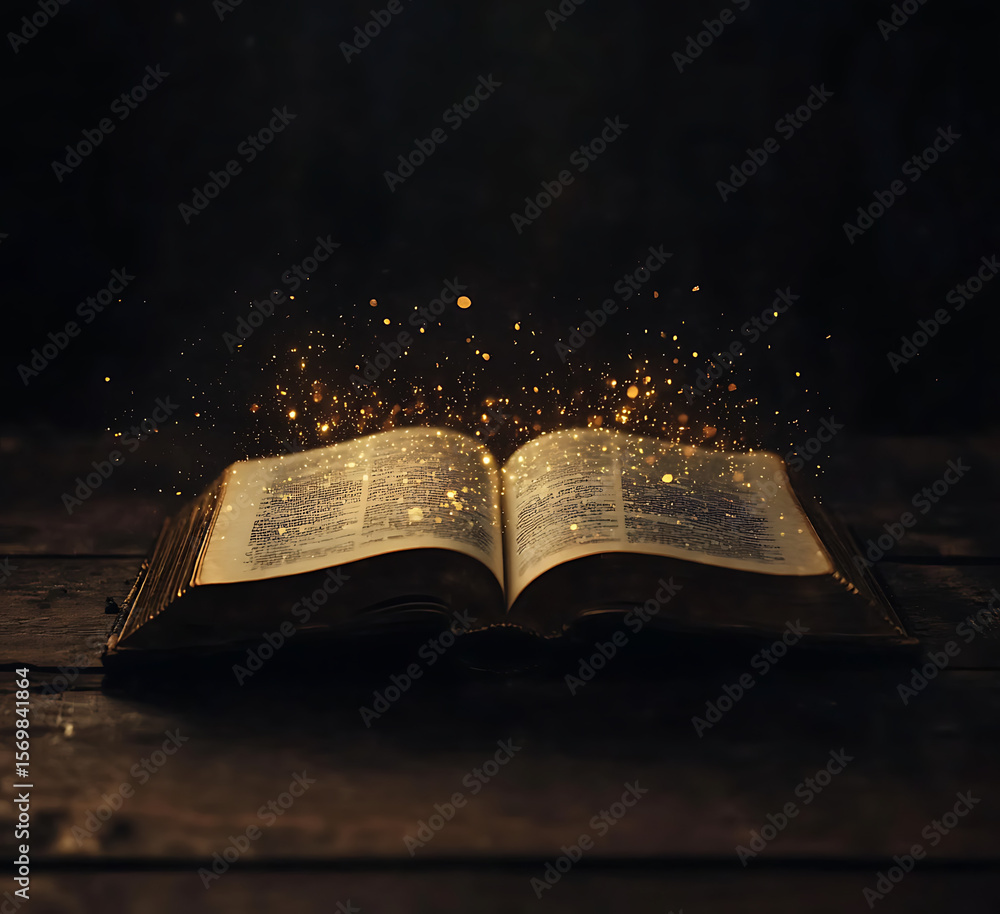 Poster an open book with pages turning into glowing light particles, representing the magical power of know