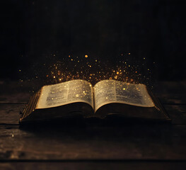 An open book with pages turning into glowing light particles, representing the magical power of knowledge and inspiration. The background is dark to highlight the illuminated text in gold color.