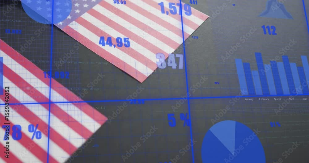 Poster two flag-patterned panels entering frame, grid overlaying, bar and pie charts updating metrics