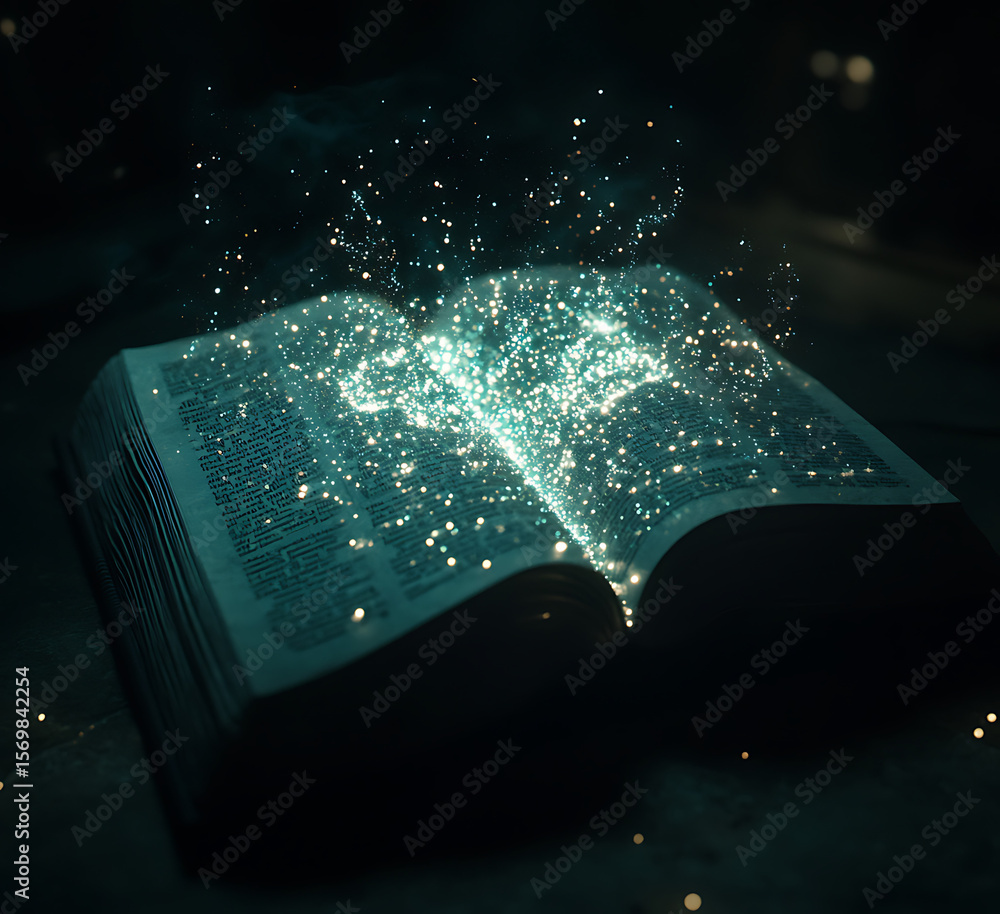 Aufkleber an open book with pages turning into glowing light particles, symbolizing the magical and captivatin