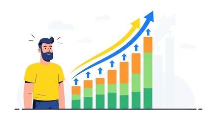 Man looks at growing chart, representing successful business and financial development with upward trending arrow
