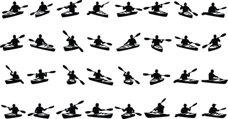 Silhouette set of kayaking athletes paddling in various positions, vector illustration icons of kayakers in motion, outdoor water sport activity black figures isolated