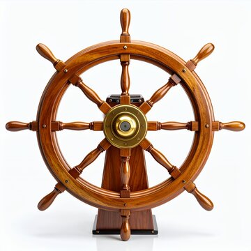 Nautical navigation: Detailed wooden ship's steering wheel element illustration on white background