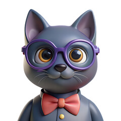 Adorable 3D graphic of an isolated cartoon cat wearing glasses and a bow tie; friendly, playful mood.