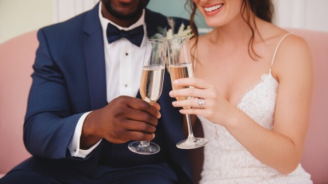 Smiling bride and groom holding glasses of champagne, celebrating their joyous interracial marriage at a vibrant wedding reception, radiating love and happiness together - Powered by Adobe