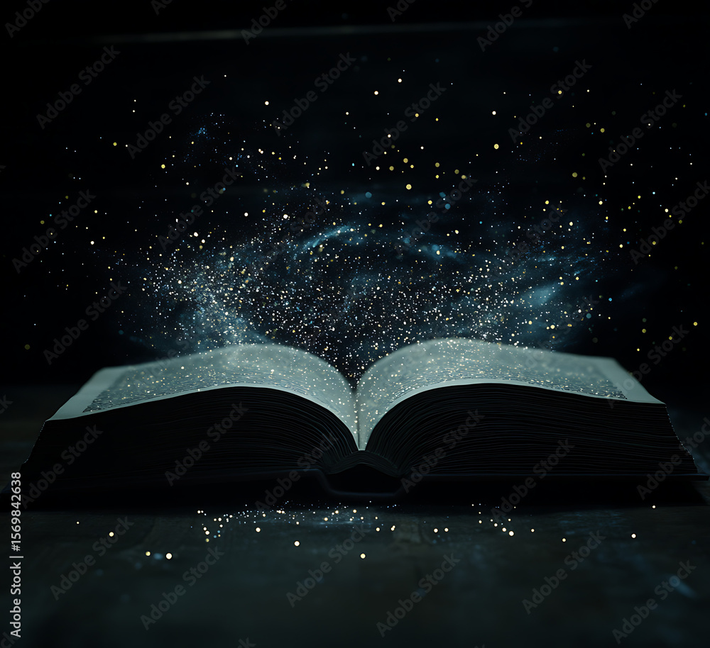 Aufkleber an open book with pages turning into glowing light particles, symbolizing the magical and captivatin