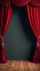 Velvet curtains frame aged wooden stage, soft light , image, play, grand