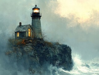 Coastal Beacon of Hope: A Lighthouse Standing Strong Against Crashing Waves, Bathed in Mystical Light Amidst the Fog and Drama of the Sea