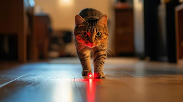 Playful tabby cat focused on a red laser pointer on a light-colored wooden floor