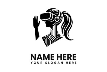 Silhouette of a woman wearing VR headset, with circuit board design.