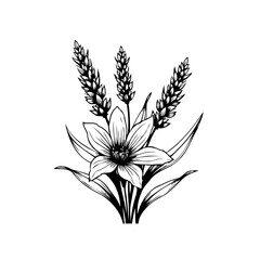 Elegant floral arrangement design featuring a lily flower surrounded by wheat stalks, perfect for botanical illustrations