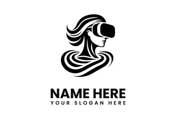 Stylized black and white logo featuring a woman wearing a VR headset.