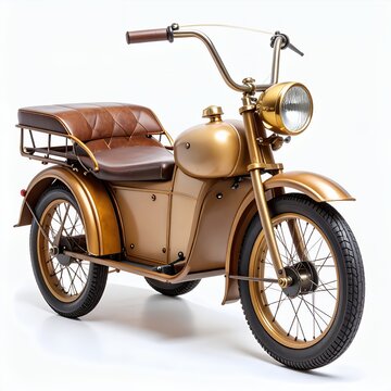 Vintage inspired three-wheeled motorbike model meticulously crafted with golden accents on white background