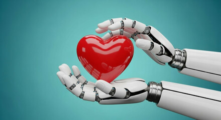 Robotic hands gently holding a shiny red heart symbol