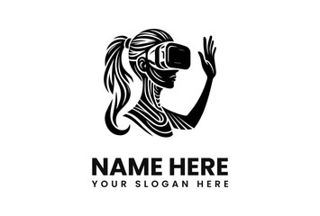 Woman wearing a VR headset, raising her hand in a virtual reality experience, stylized black and white illustration.